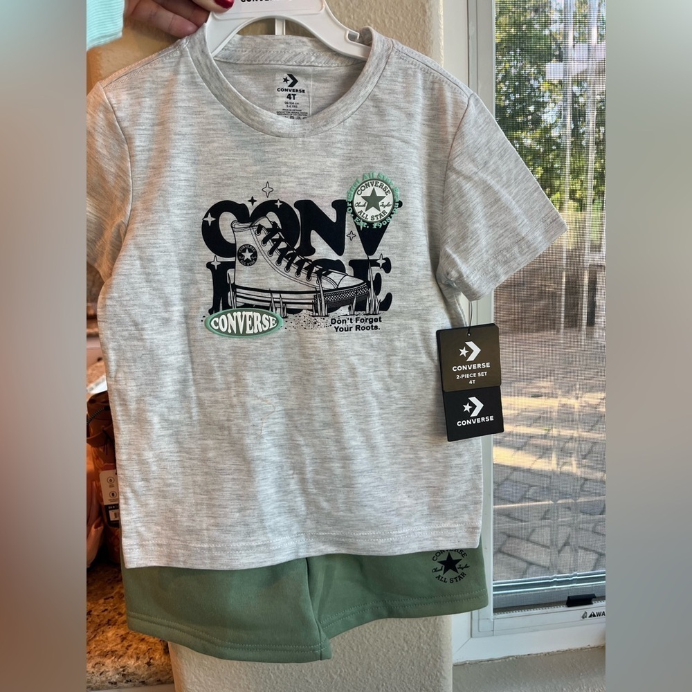 Converse Light Gray Kids Tee with Green Shorts